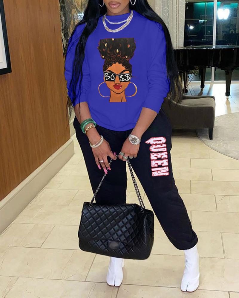 

Figure Print Long Sleeve Casual Top & Pants Set, Blue