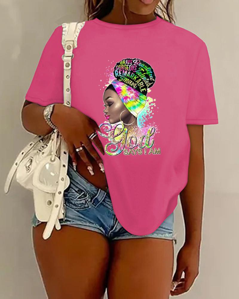 

Figure Slogan Print Crew Neck Casual T-shirt, Hot pink