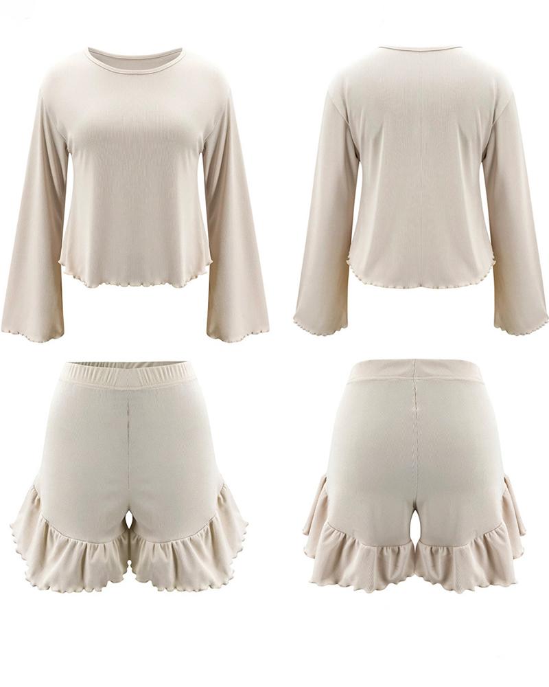 

Ribbed Bell Sleeve Frill Hem Pajamas Set, Apricot