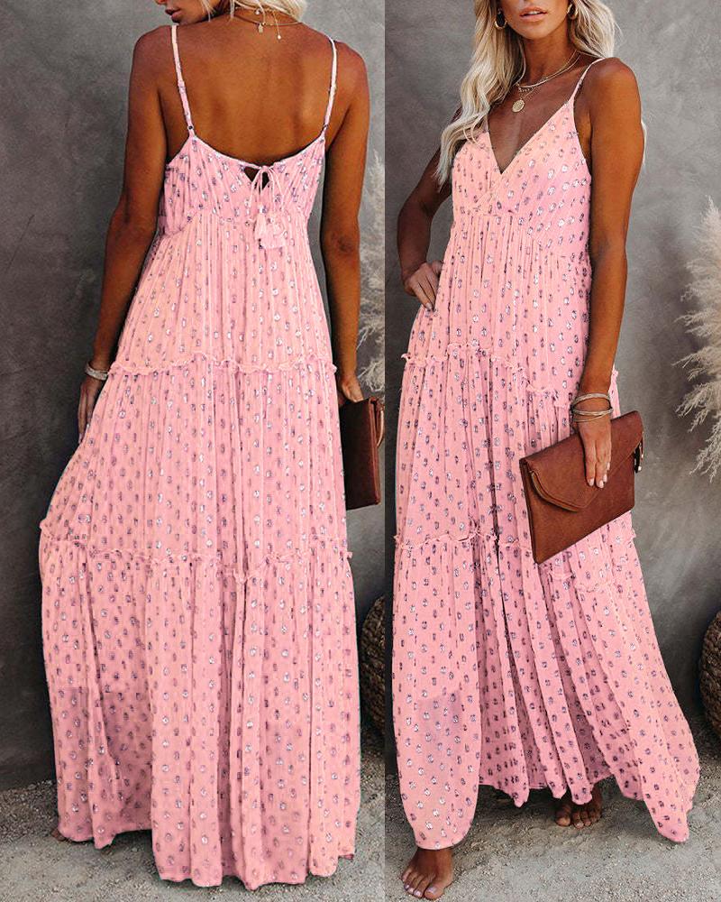 

Allover Print Frill Hem Flared Dress, Light pink