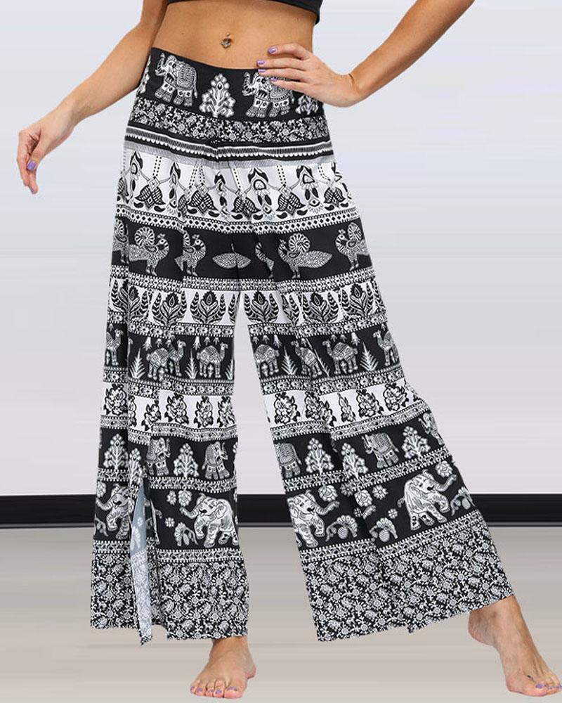 

Patchwork Tribal Print High Slit Wide Leg Yoga Pants, Style3
