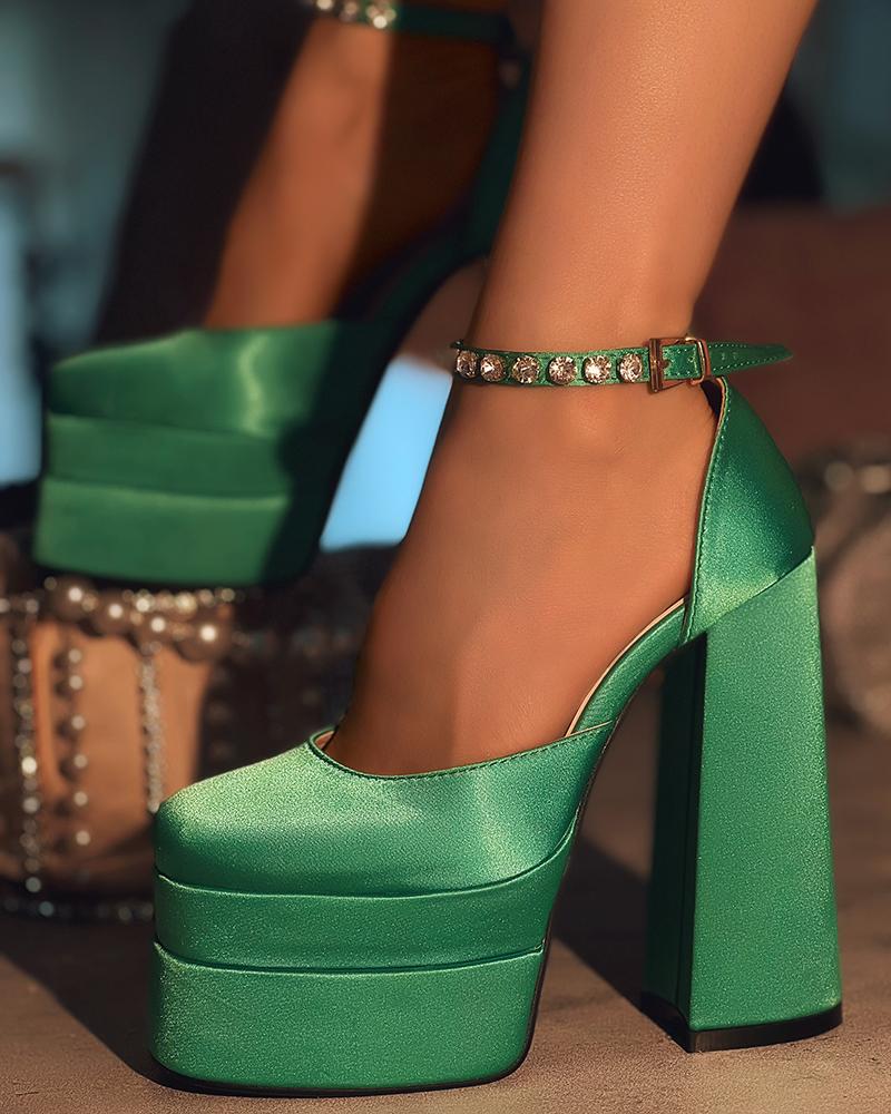 

Rhinestone Ankle Strap Satin Chunky Pumps, Green