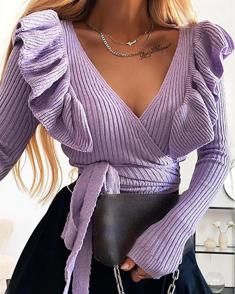 

Ruffles Trim Tied Detail Knit Sweater, Purple