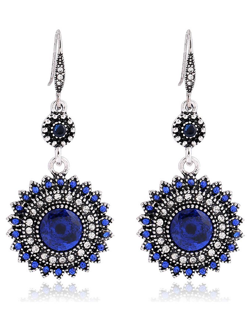

1Pair Clan Retro Sunflower Pattern Rhinestone Hoop Earrings, Blue