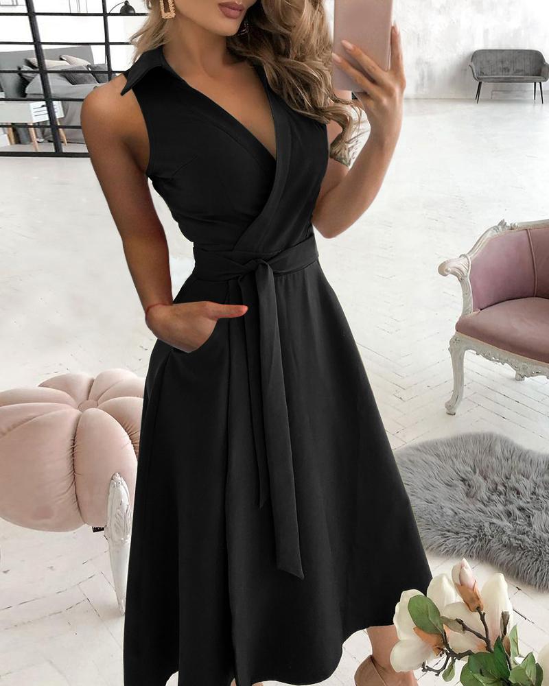 

Pocket Design Sleeveless Wrap Shirt Dress With Belt, Black
