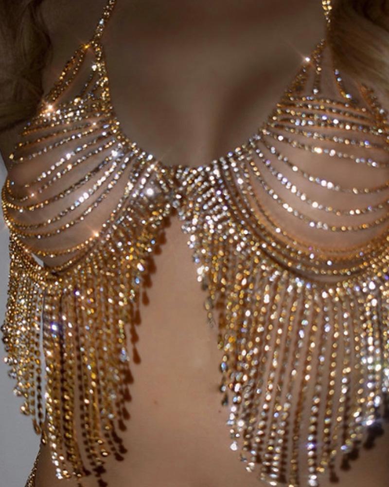 

Ladder Cutout Tassel Design Rhinestone Body Chain, Gold