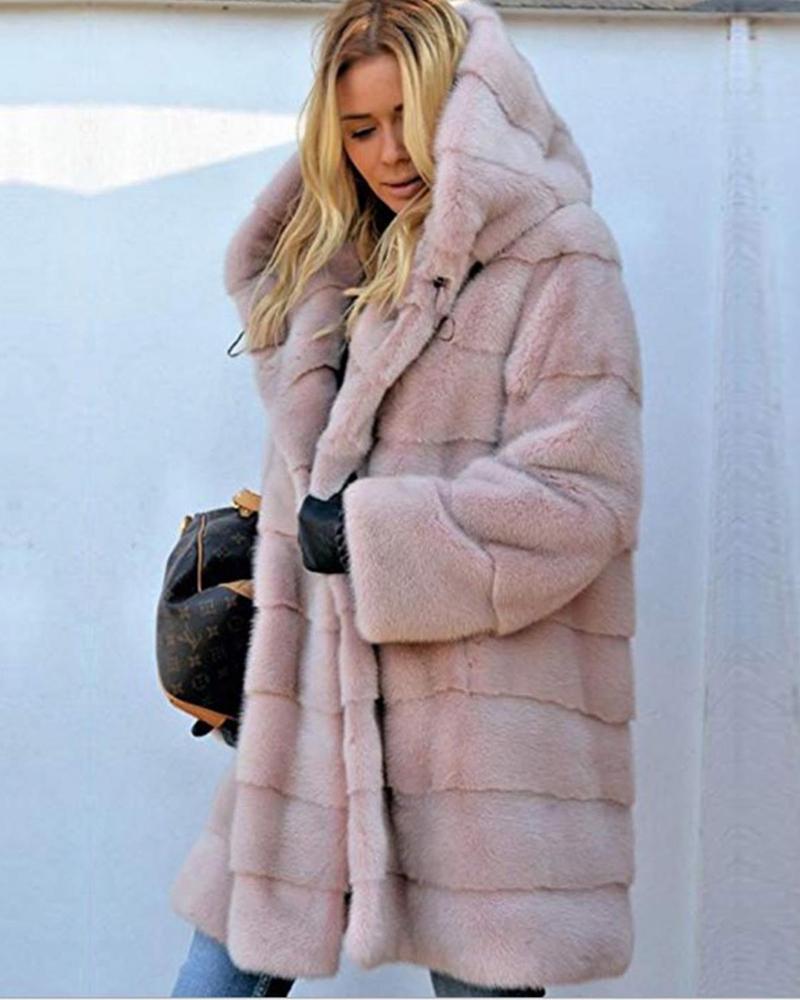 

Long Sleeve Hooded Longline Faux Fur Coat, Pink