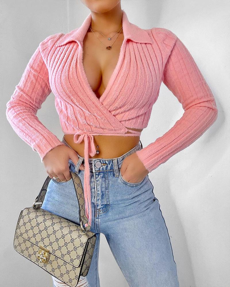 

Tie Front Long Sleeve Wrap Sweater, Pink