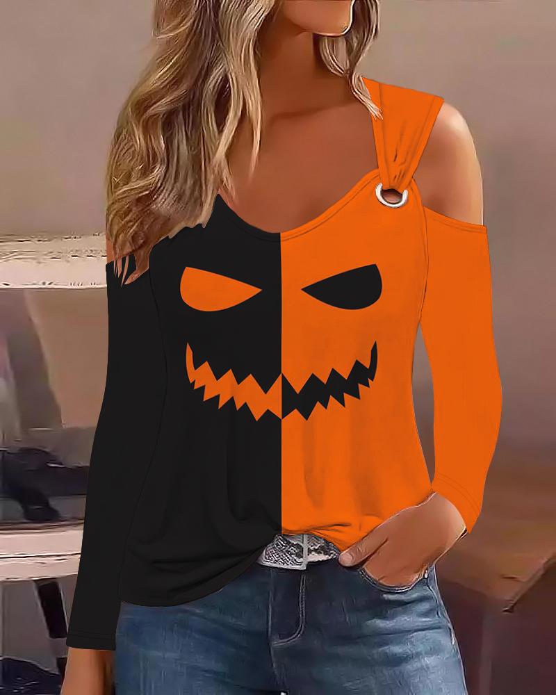 

Halloween Scary Face Print Colorblock Eyelet Top, Orange