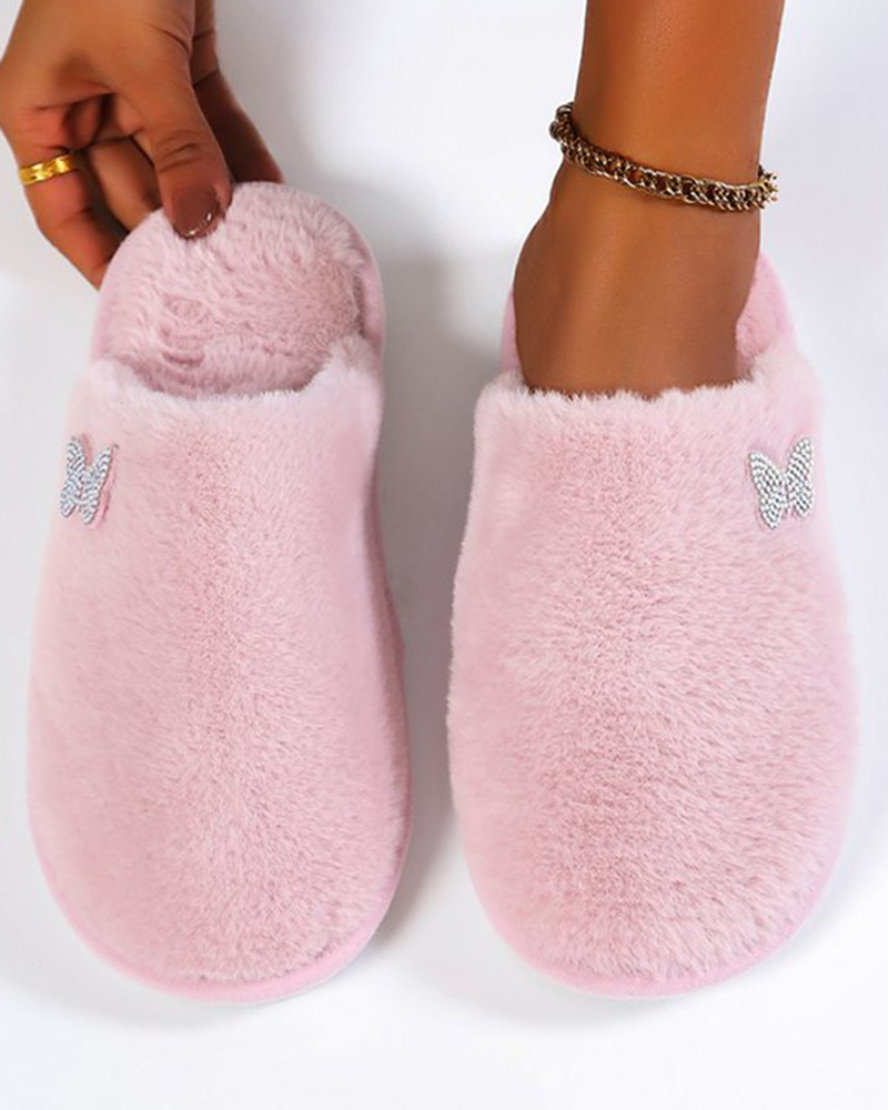 

Round Toe Butterfly Pattern Fuzzy Slippers, Pink