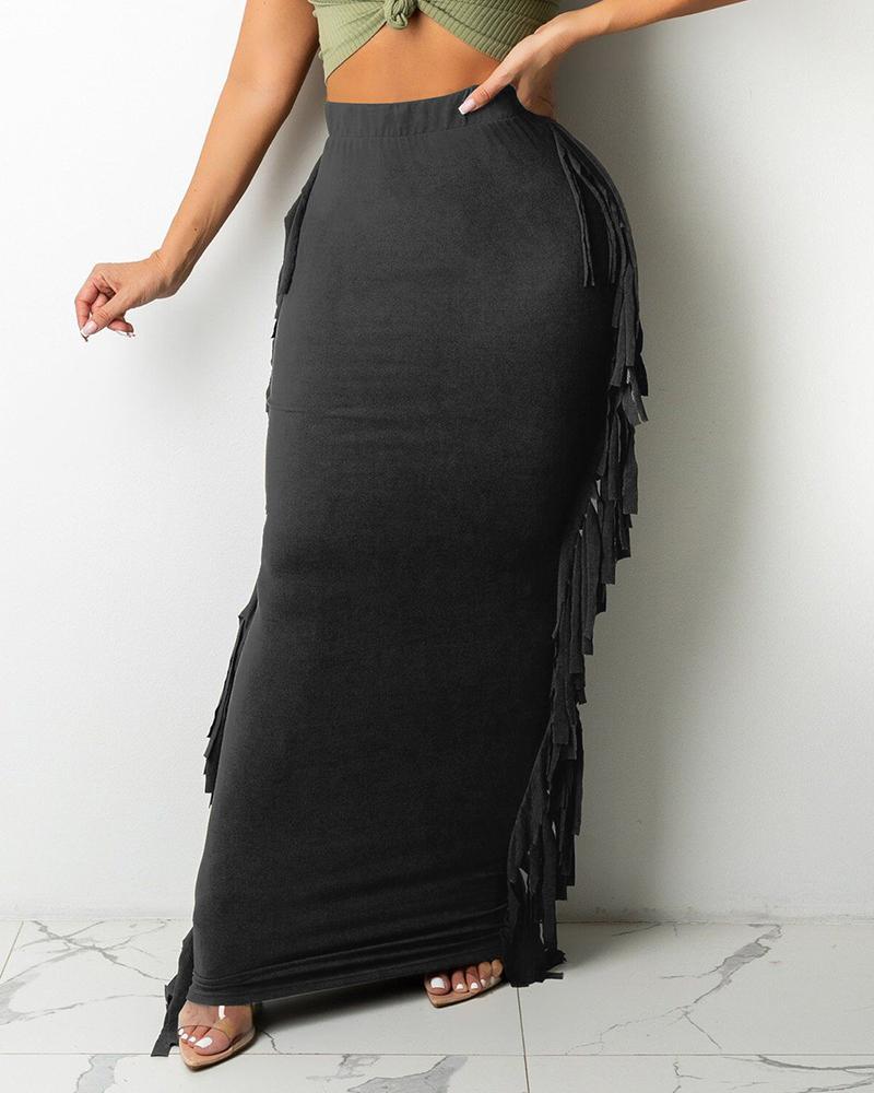 

High Waist Tassel Design Maxi Skirt, Black