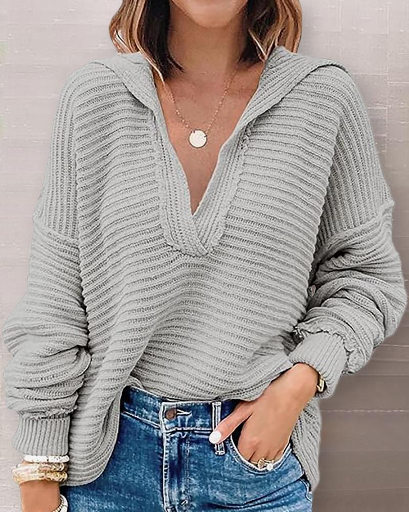 

V-Neck Long Sleeve Casual Knit Sweater, Gray