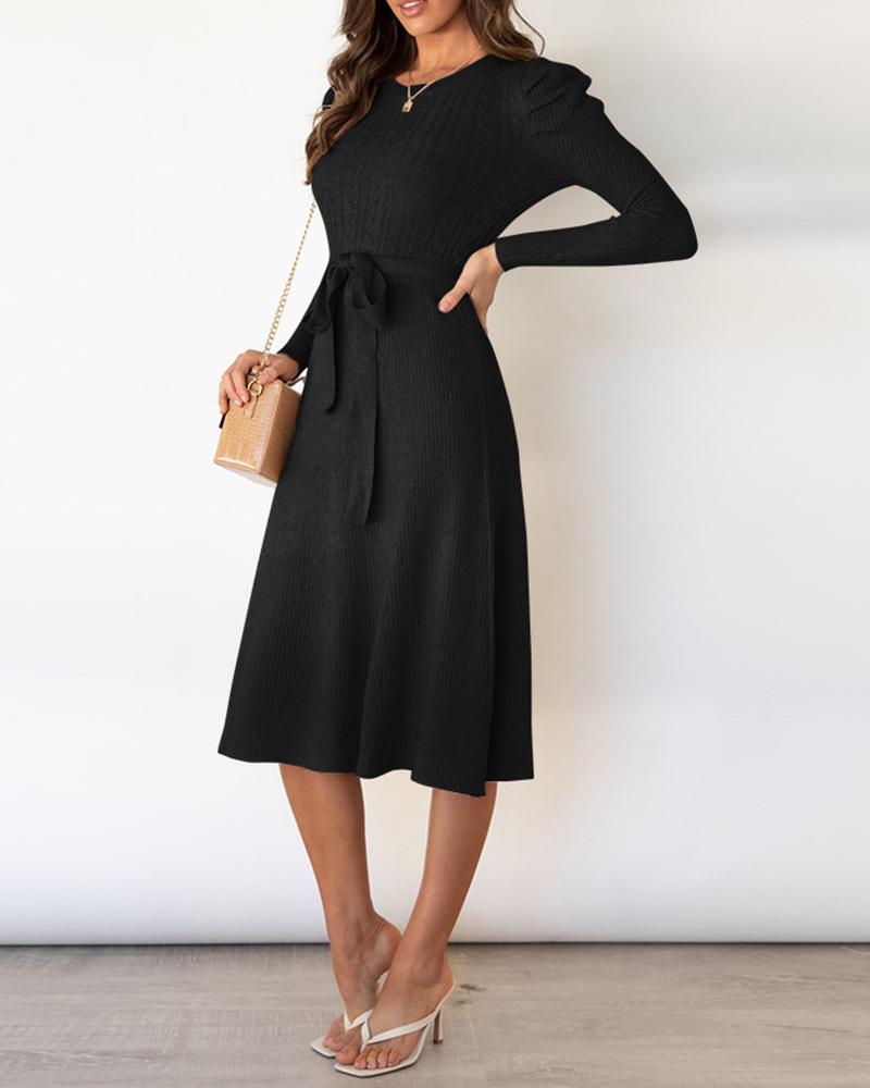 

Braided Knit Puff Sleeve Tied Detail Casual Dress, Black