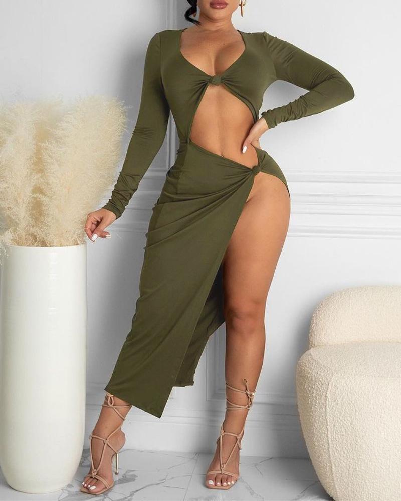 

Twisted Cut-Out High Split Long Sleeve Dress, Green