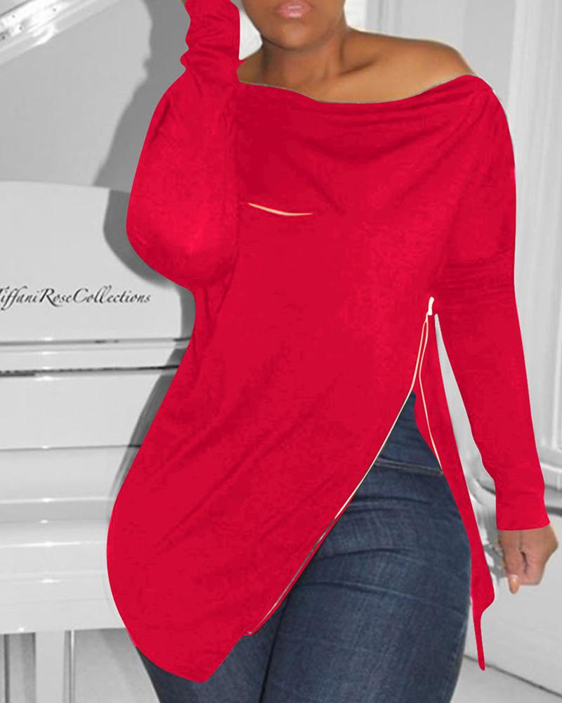 

Zipper Design Cold Shoulder Slit Sweatshirt, Red