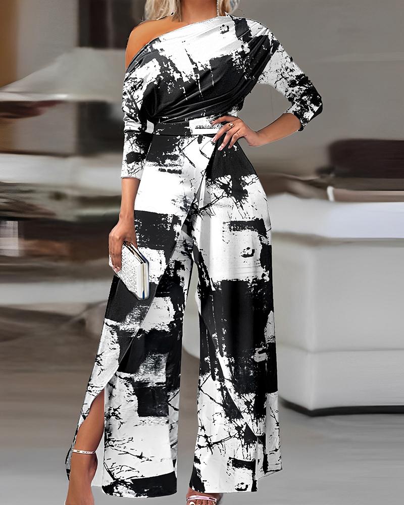 

Tie Dye Print Cold Shoulder Slit Wide Leg Jumpsuit, Blackwhite