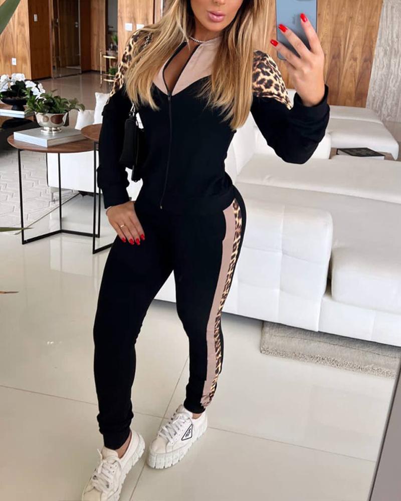 

Ensemble sweat-shirt à col montant imprimé léopard et pantalon de survêtement à revers avec poche, Black