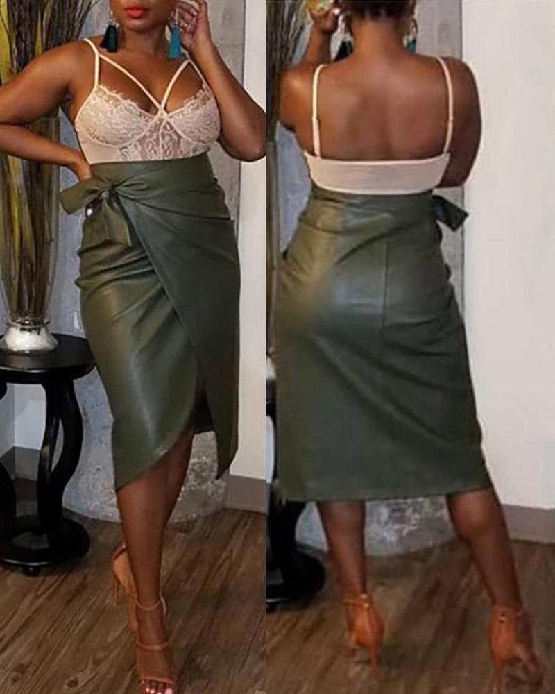 

Tied Detail PU Leather Irregular Skirt, Green
