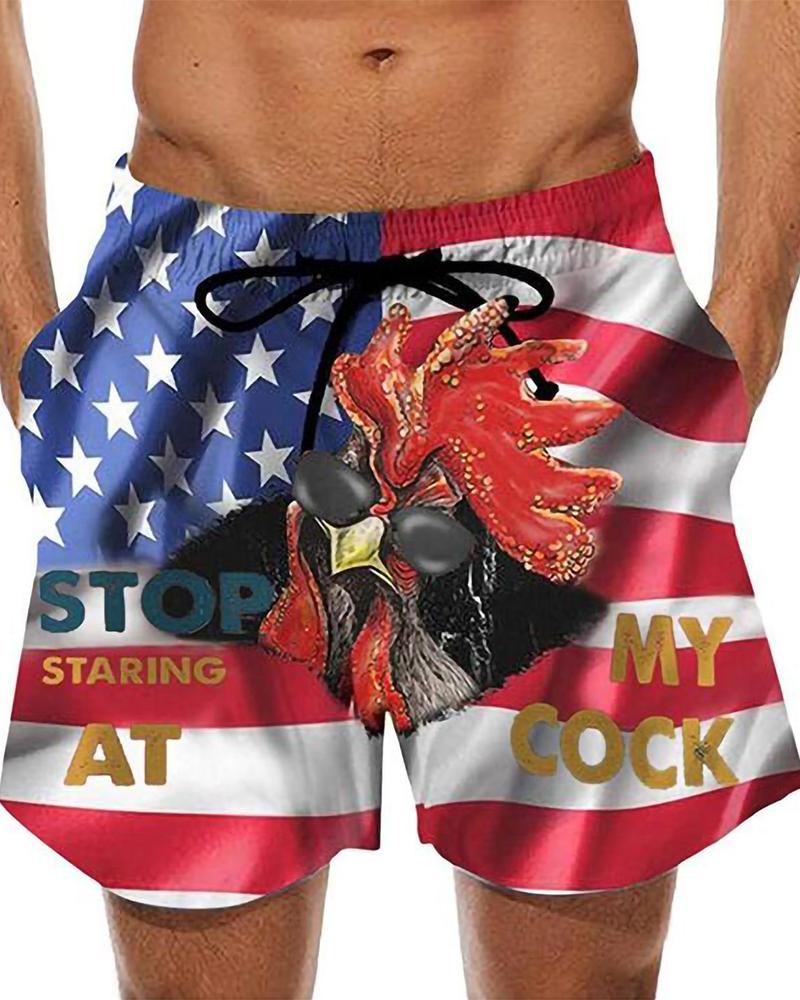 

Flag Rooster Print Loose Drawstring Beach Shorts, Red