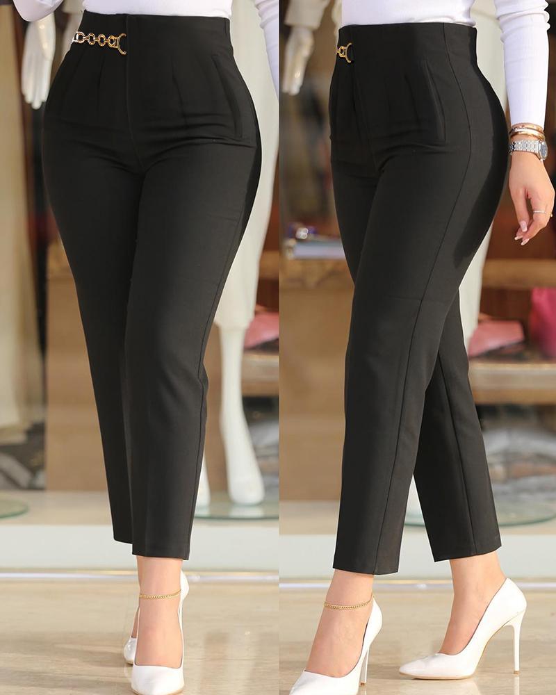 

Chain Decor High Waist Work Pants, Black