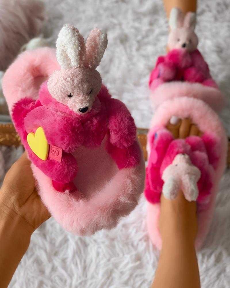 

Rabbit Heart Decor Fluffy Slipper, Pink