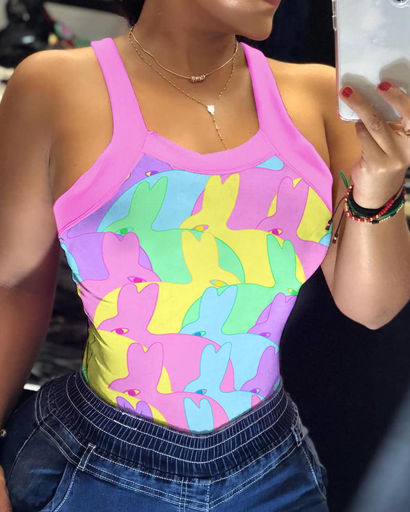

Happy Easter Bunny Print Bowknot Decor Tank Top, Multicolor