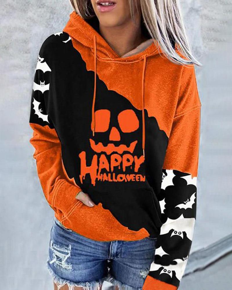 Sudadera con capucha y estampado de cara de miedo Halloween Colorblock