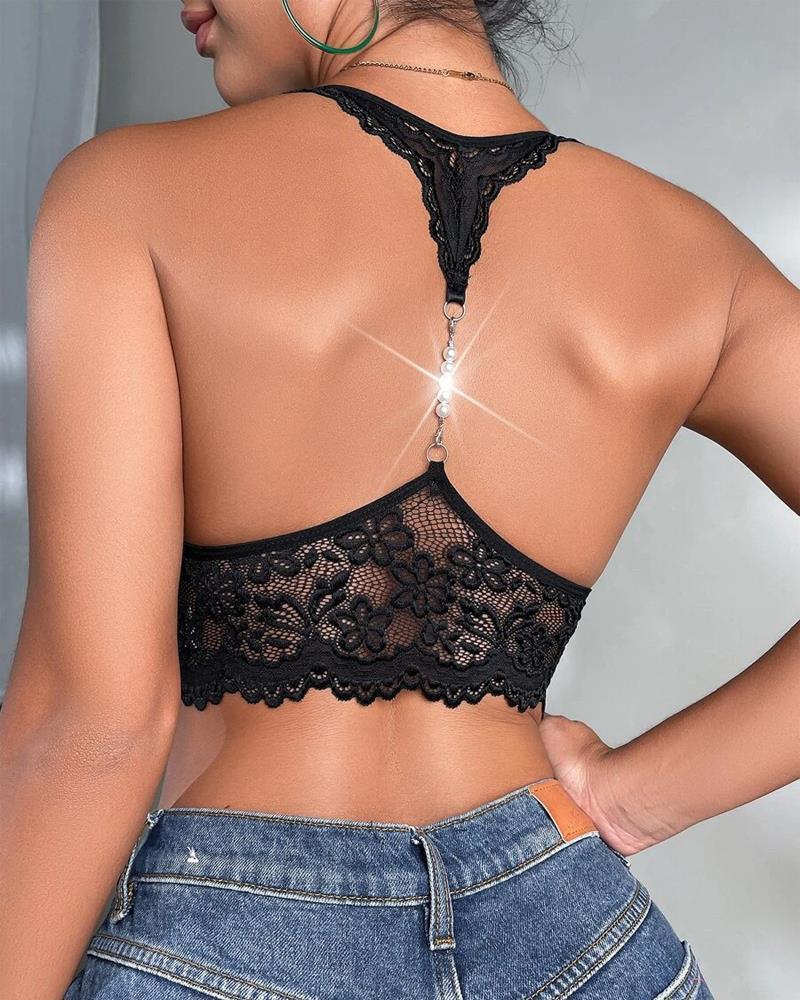 

Pearls Decor Crochet Lace Bralette, Black