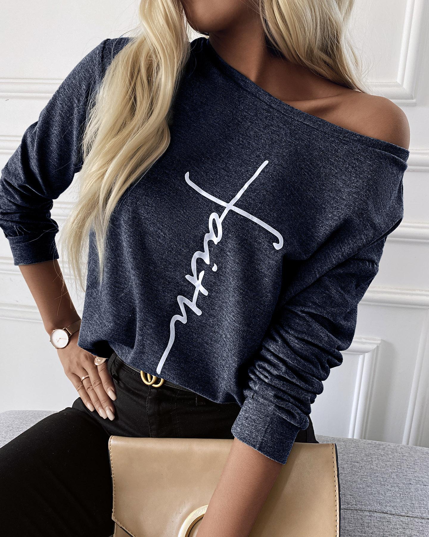 

Faith Print Long Sleeve Round Neck Sweatshirt, Dark blue