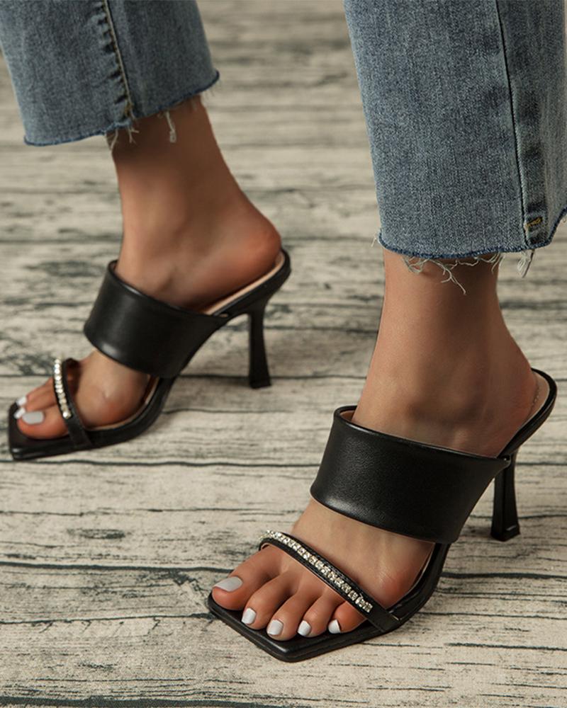 

Solid Banded Patch Sqaure-toe High Heel Sandals, Black