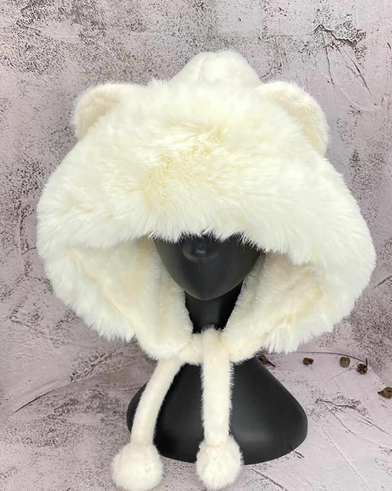 

Ear Protection Pom Pom Decor Fluffy Lei Feng Hat, White