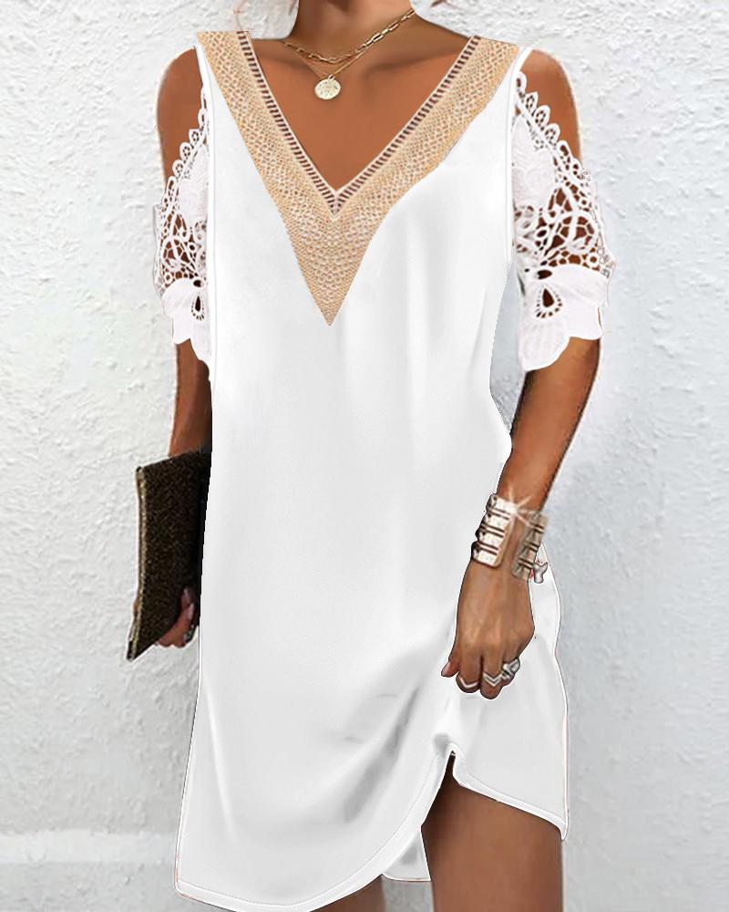 

Cold Shoulder Lace Patch Casual Dress, White