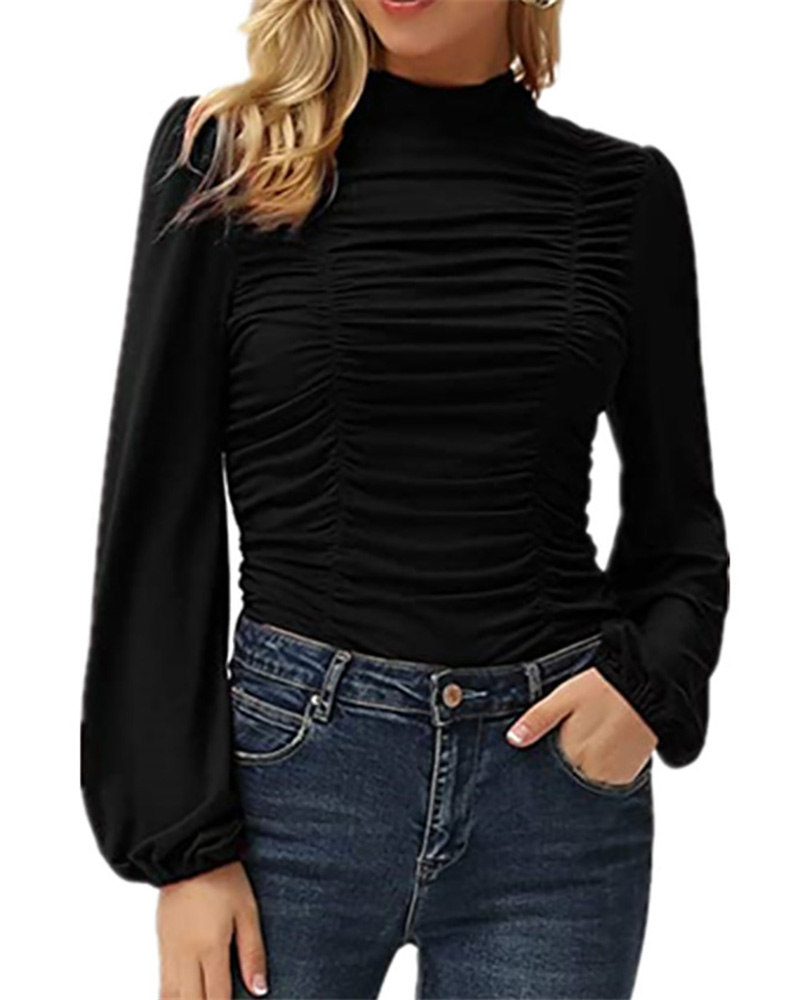 

O Neck Lantern Sleeve Ruched Top, Black