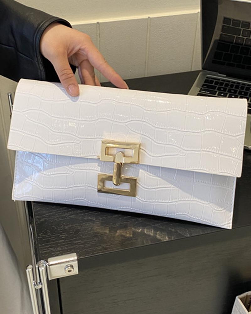 

Crocodile Press Lock Envelop Flap Clutch Bag, White