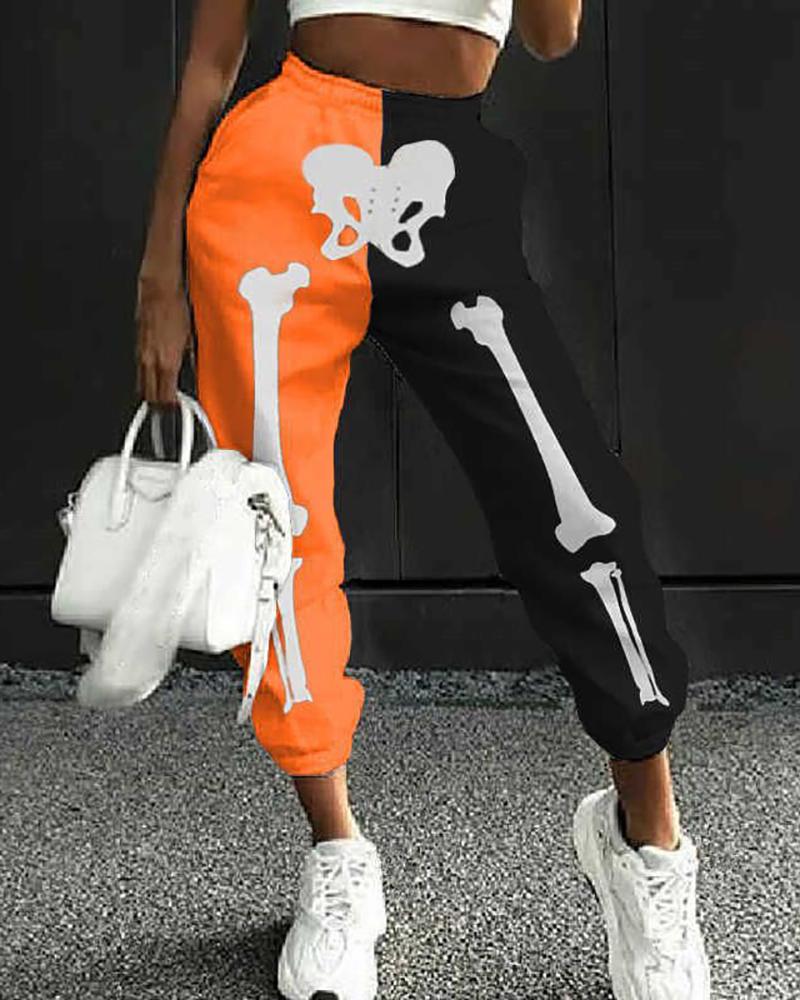 

High Waist Skeleton Colorblock Print Cuffed Pants, Black