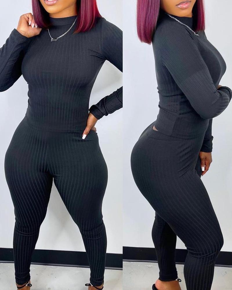 

Ribbed Long Sleeve Top & High Waist Pants Set, Black