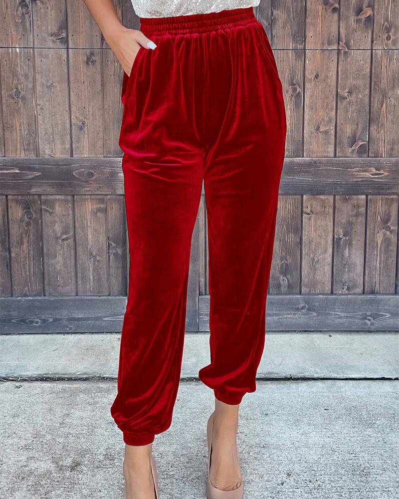 

Pocket Design Velvet Cuffed Pants, Red