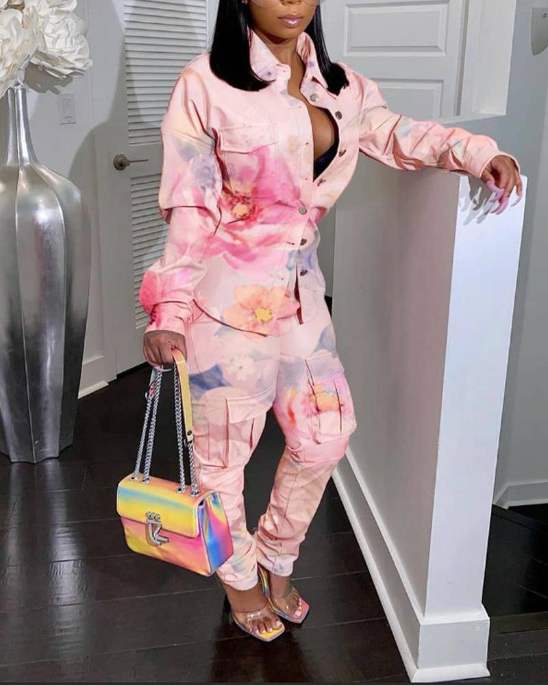 

Tie Dye Flap Detail Drop Shoulder Button Up Top & Pants Set, Pink