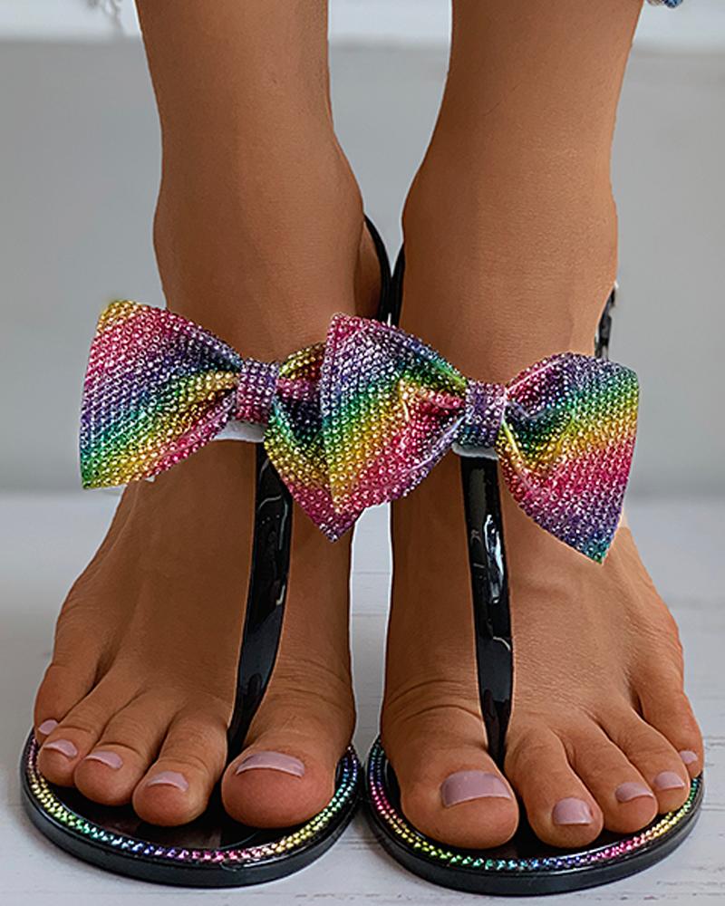 

Bowknot Colorblock Studded Flat Sandals, Black