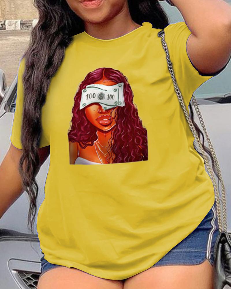 

Cartoon Cool Girl Print Short Sleeve T-shirt, Yellow