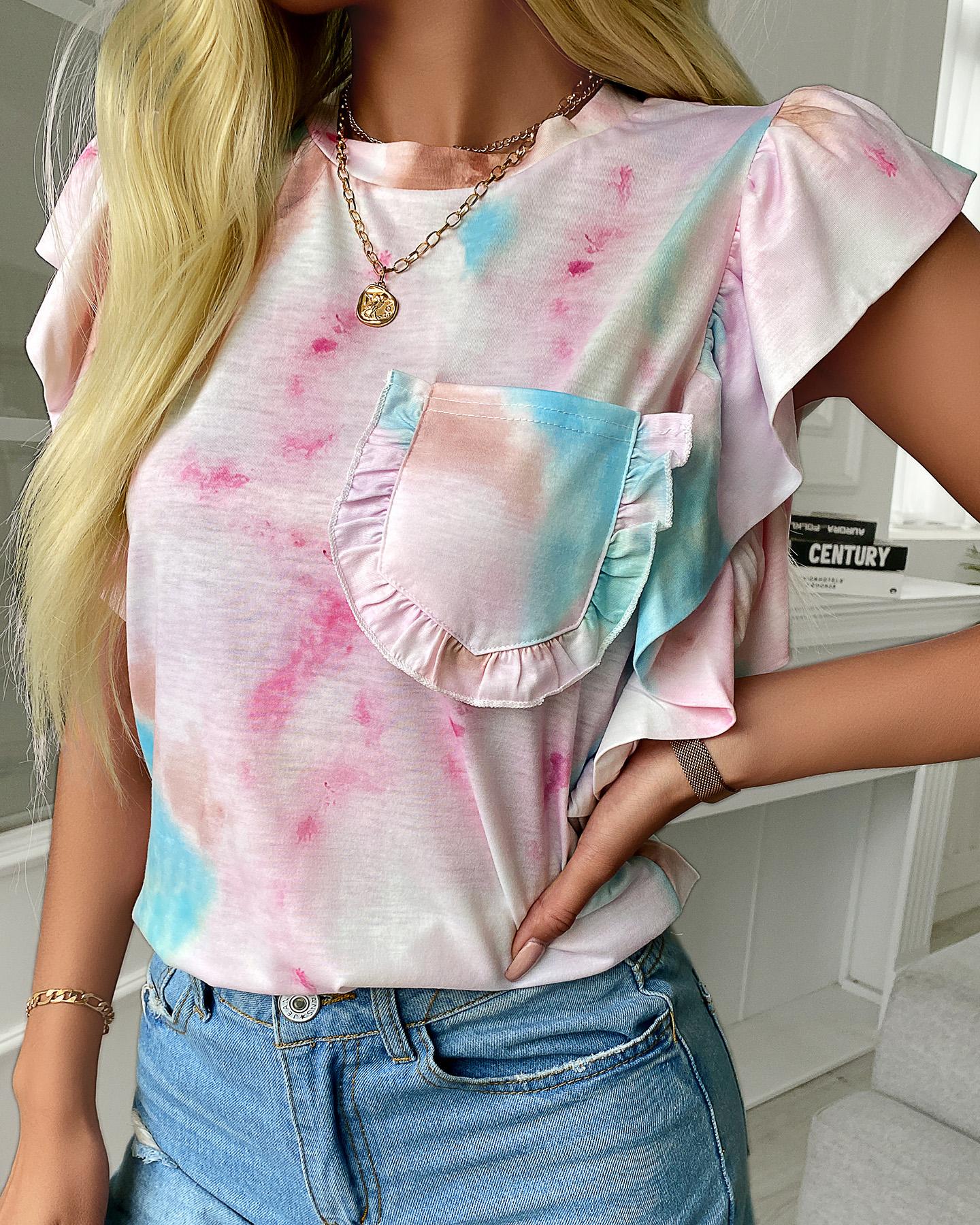 

Tie Dye Print Ruffles Pocket Design Top, Pink