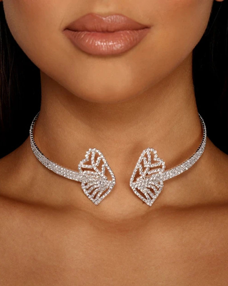 

Butterfly Pattern Rhinestone Choker, Silver