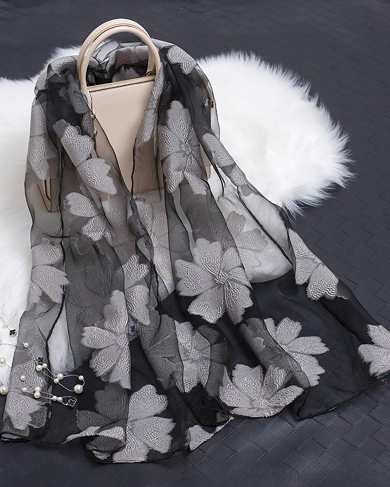

Floral Pattern Mesh Scarf, Gray
