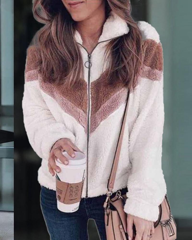 

Chevron Pattern Zip Up Teddy Coat, White