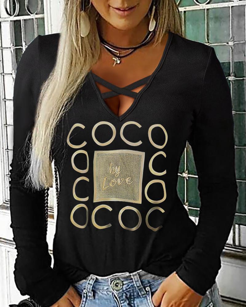 

Letter Metallic Long Sleeve Criss Cross Front Top, Black