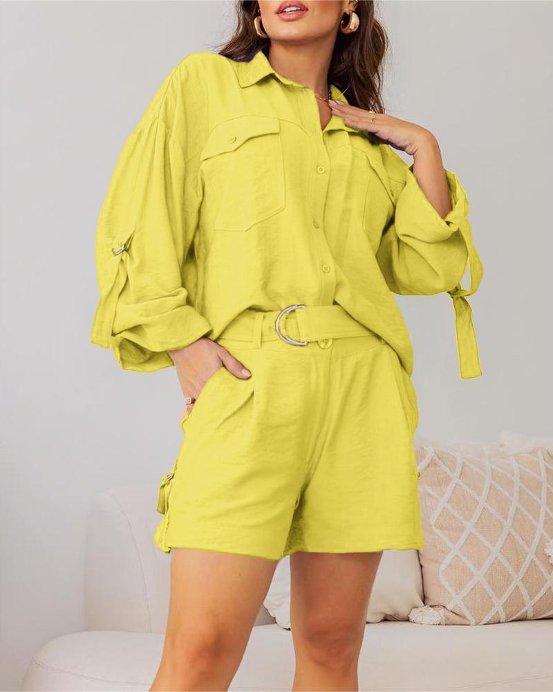 

Roll Up Sleeve Pocket Design Shirt & Shorts Set, Yellow