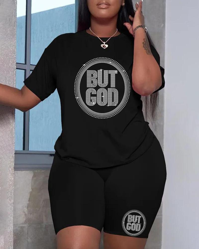 

Plus Size O-Neck Letter Pattern Rhinestone Top & Shorts Set, Black
