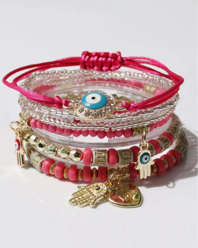 

1pcs Blue Eye Beaded Bohemian Trendy Multi-layer Bracelet, Hot pink