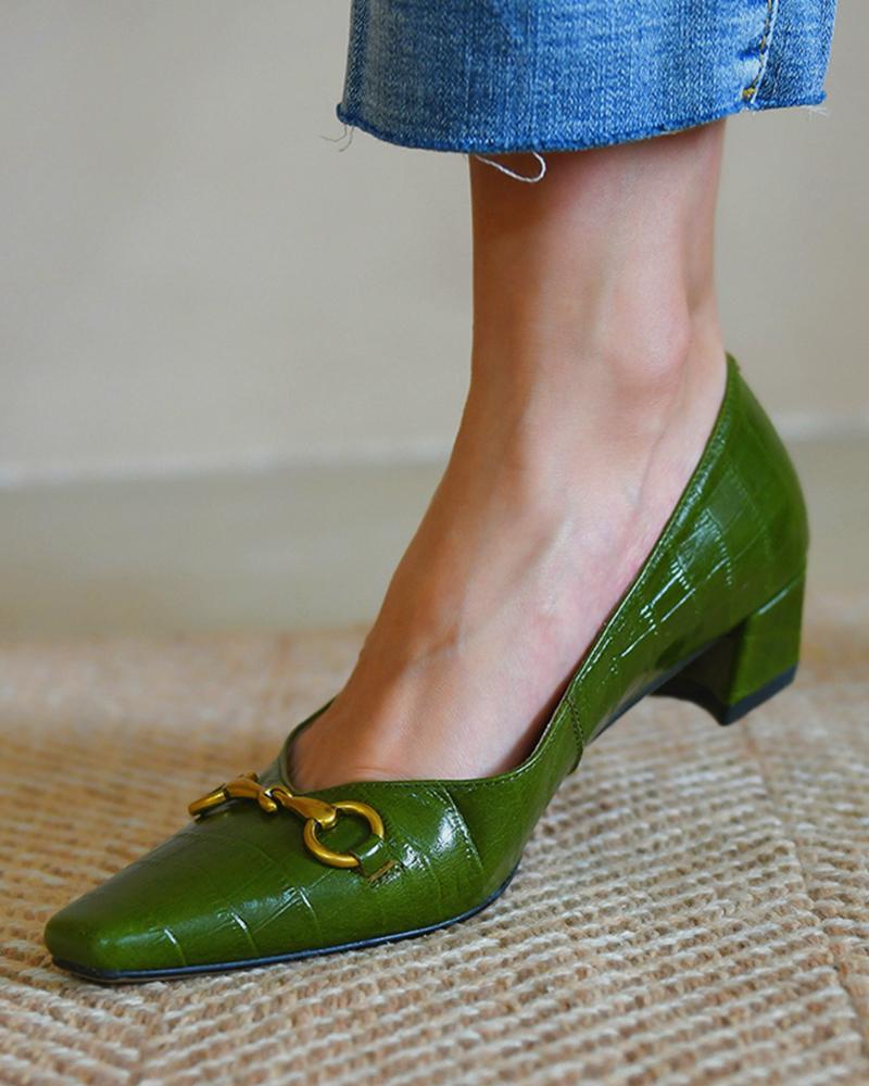 

Horsebit Decor Croc Embossed Chunky Heels, Green
