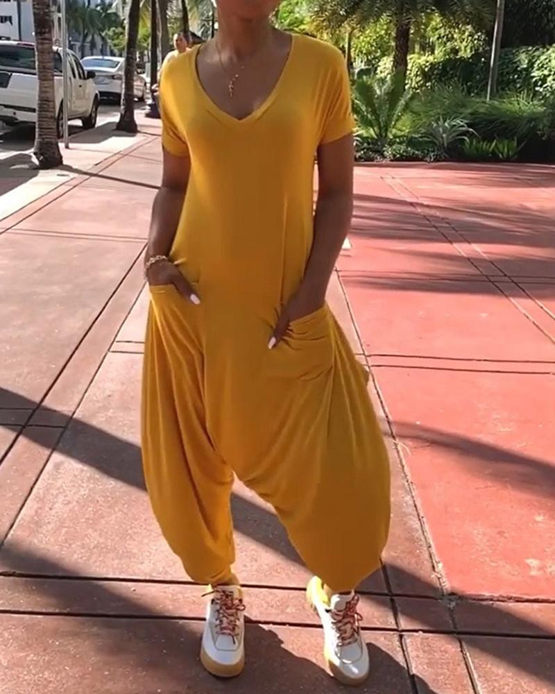 

Solid V-Neck Pocket Design Jumpsuit, Yellow